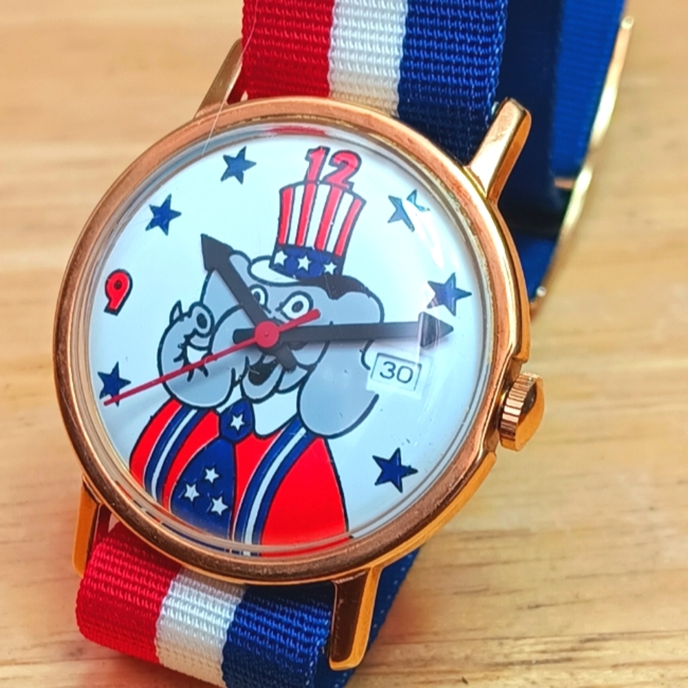 X 1972 Novelty GOP Watch with Red, White, and Blue Strap 3 Hand Movement